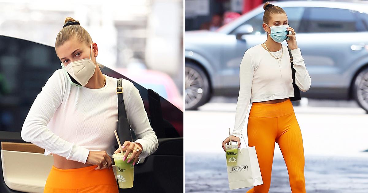 Hailey Bieber Color Coordinates With Orange Year Of Ours Leggings