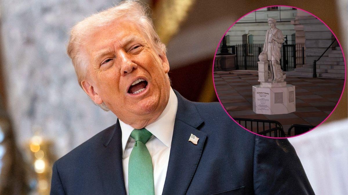 photo of Donald Trump and statue. 