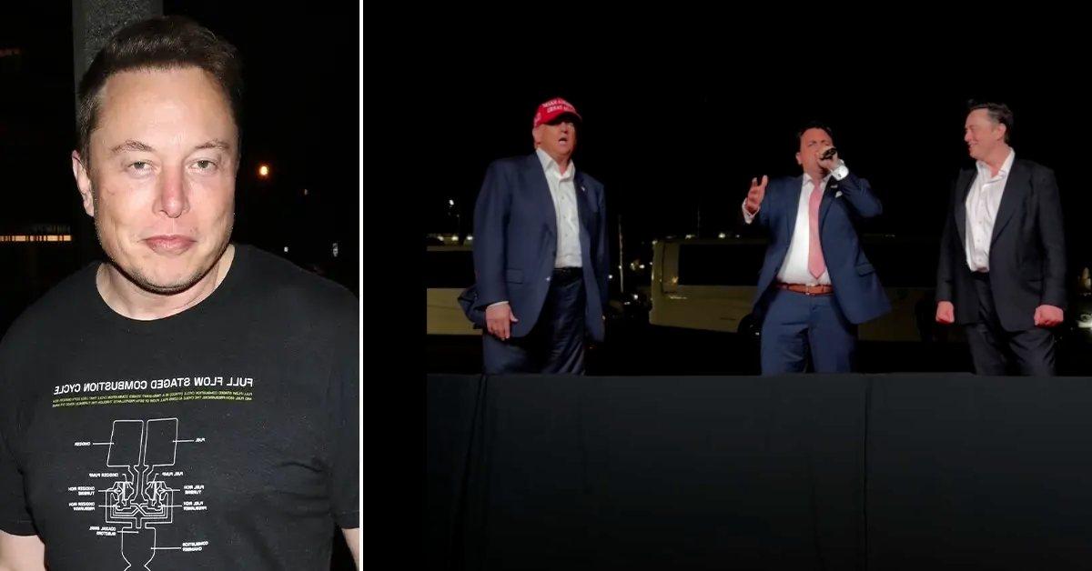 Photo of Elon Musk and a picture of Musk singing with Chris Macchio and Donald Trump.