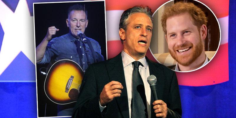 Jon Stewart Bruce Springsteen at Stand Up for Heroues, inset of Prince Harry