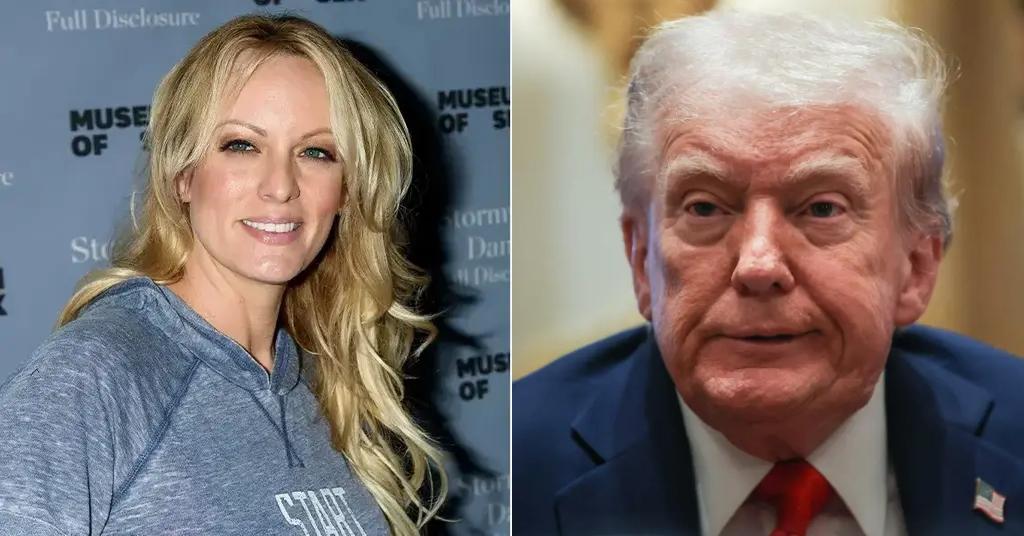 Split photo of Stormy Daniels and Donald Trump
