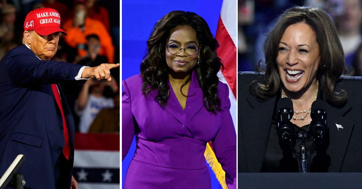 Split photo of Donald Trump, Oprah Winfrey and Kamala Harris.