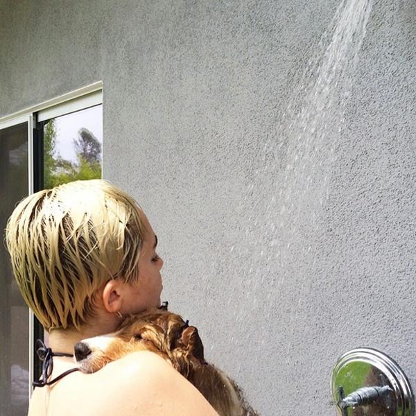 Miley cyrus showering dog