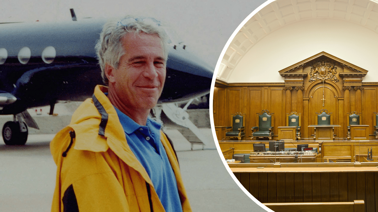 Composite photo of Jeffrey Epstein and court.