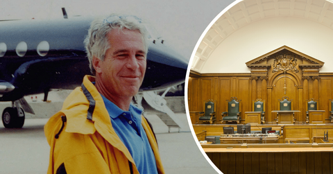 Composite photo of Jeffrey Epstein and court.