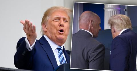 Donald Trump Speacking, Inset of Donald Trump in confrence with secret Service Agent No Mask