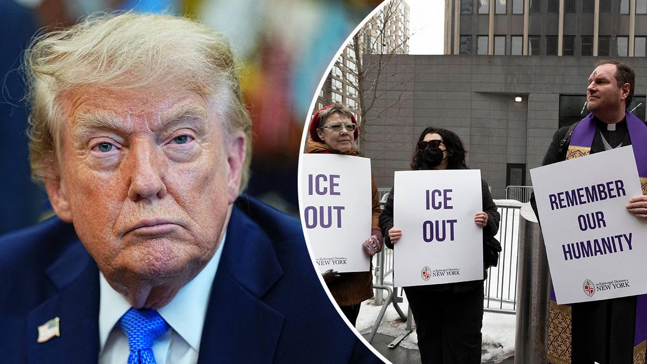Composite photo of Donald Trump and ICE.