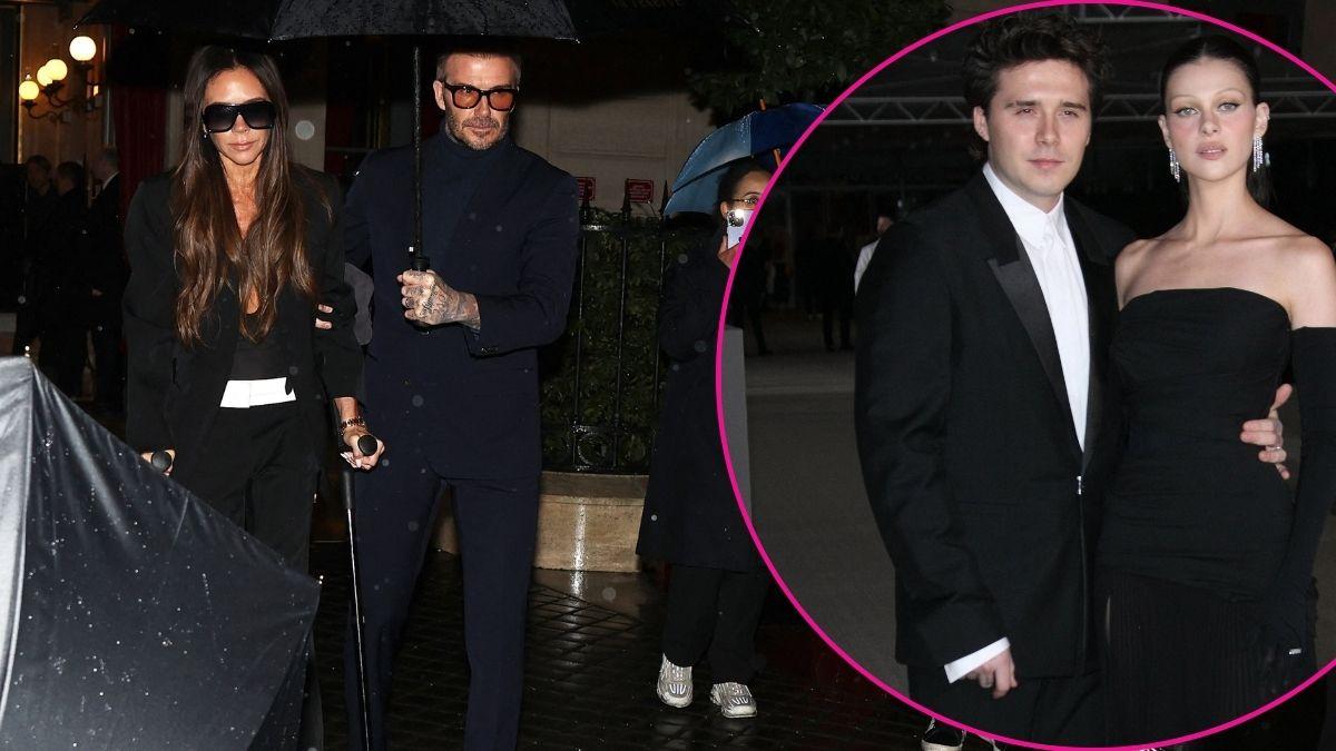 image of Victoria and David Beckham, inset of Nicola Peltz and Brooklyn Beckham 