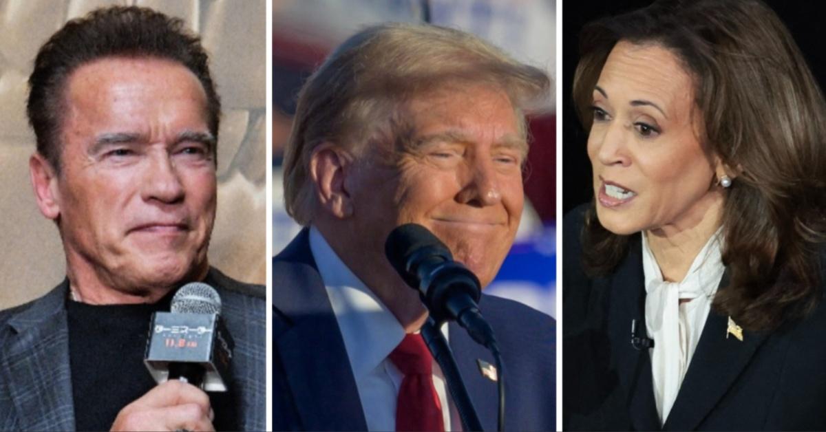 Split photo of Arnold Schwarzenegger, Donald Trump and Kamala Harris