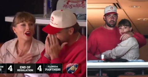 Two photos of Taylor Swift with Travis Kelce