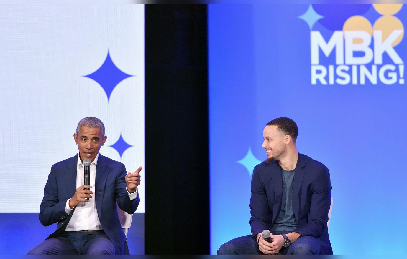 ormer President Barack Obama speaks alongside Golden State Warriors basketball player Stephen Curry during the MBK Rising! My Brother's Keeper Alliance Summit in Oakland, California