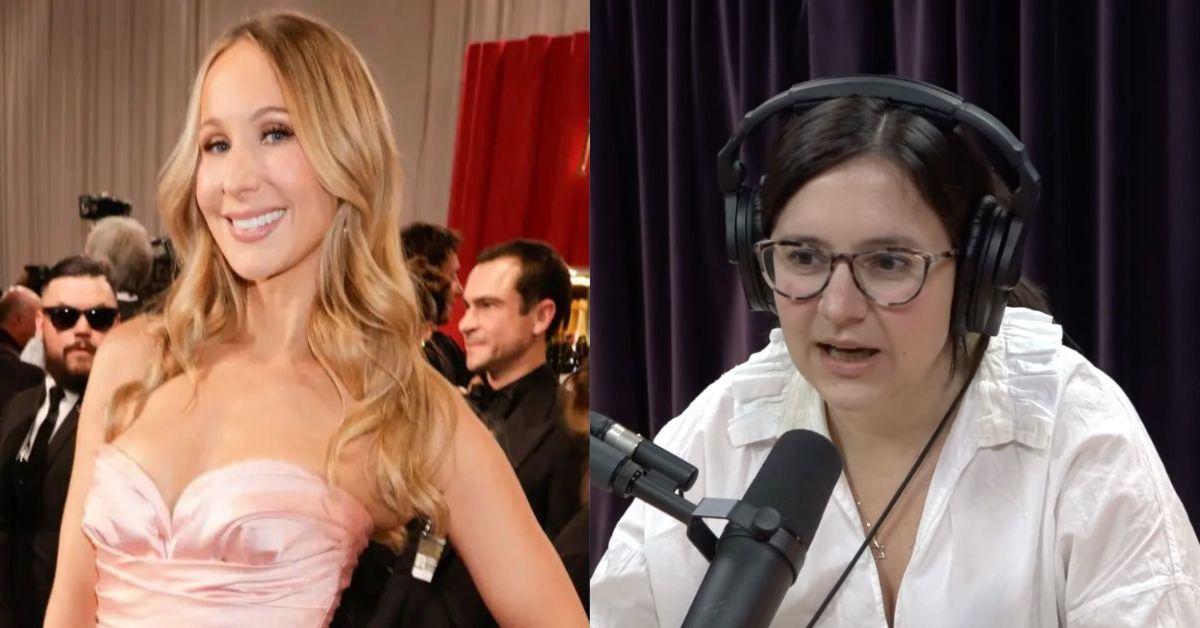 split photo of nikki glaser and bari weiss