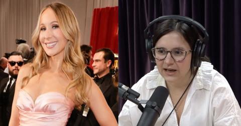 split photo of nikki glaser and bari weiss