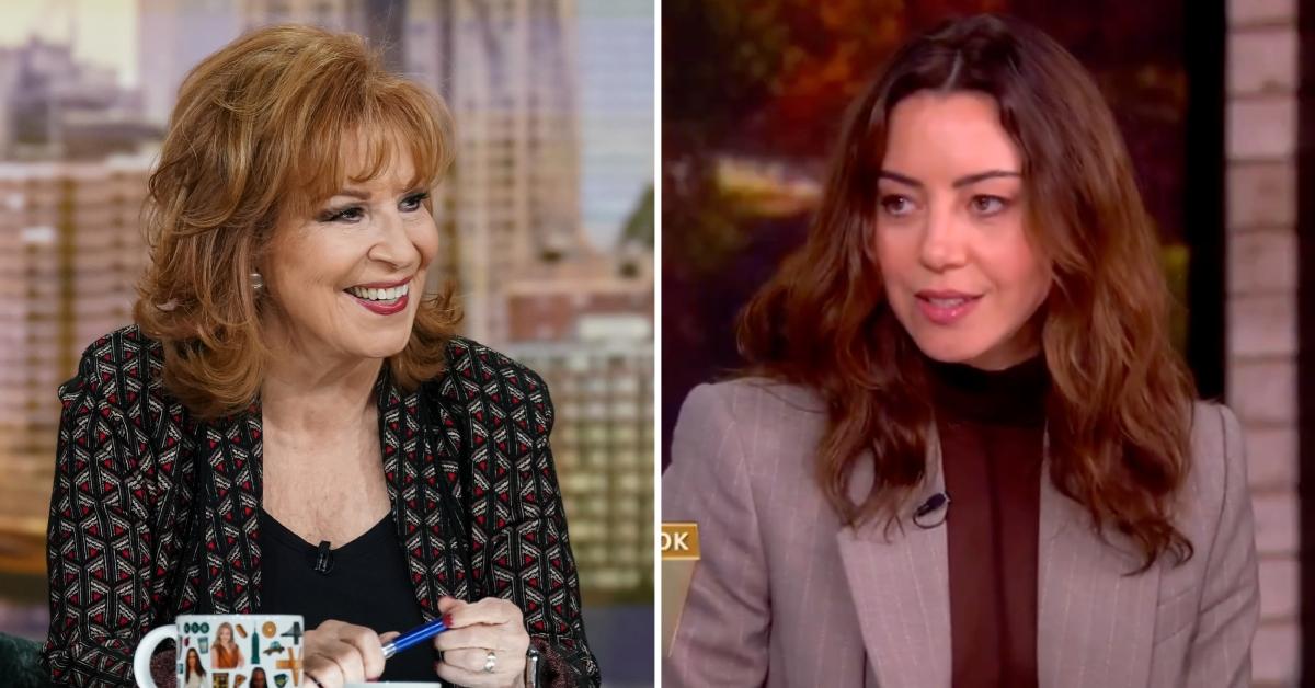 Split photo of Joy Behar and Aubrey Plaza