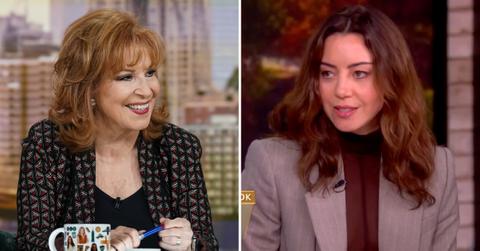 Split photo of Joy Behar and Aubrey Plaza
