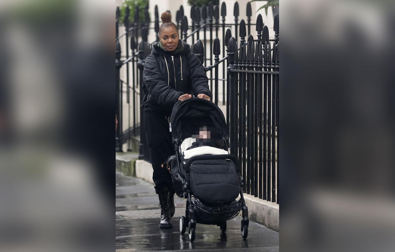 *PREMIUM EXCLUSIVE* Janet Jackson pictured strolling through London with baby Eissa. The popstar braved the London rain to join friends for lunch in SW London.