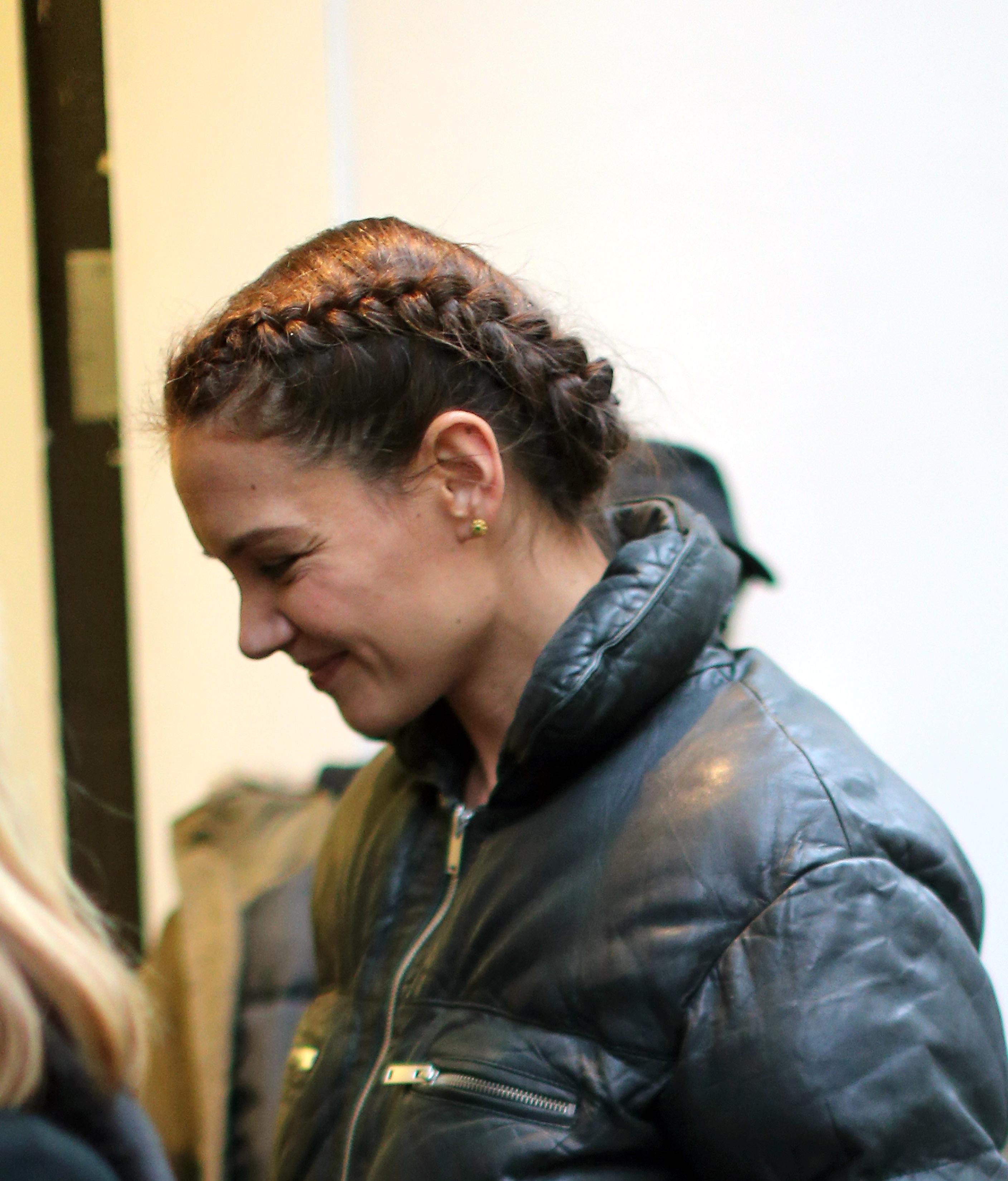 Katie Holmes with braided hair arrives at Apple Store in SoHo to give a talk in NYC