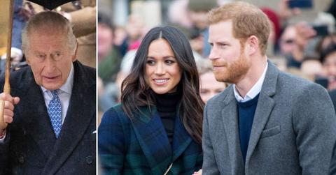 Split photo of King Charles, Meghan Markle and Prince Harry.