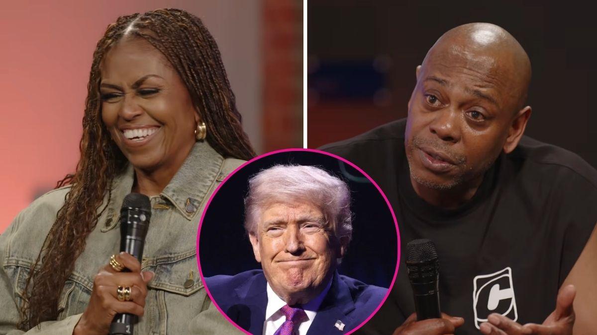 composite photo of michelle obama, dave chappelle and donald trump