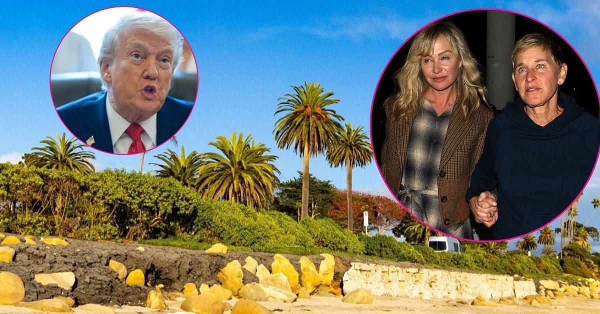 Composite photo of Donald Trump, Ellen DeGeneres, Portia de Rossi and California beach