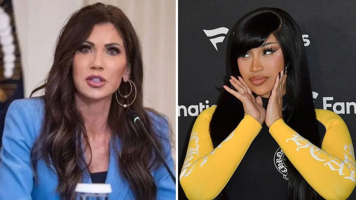 split photo of kristi noem and cardi b