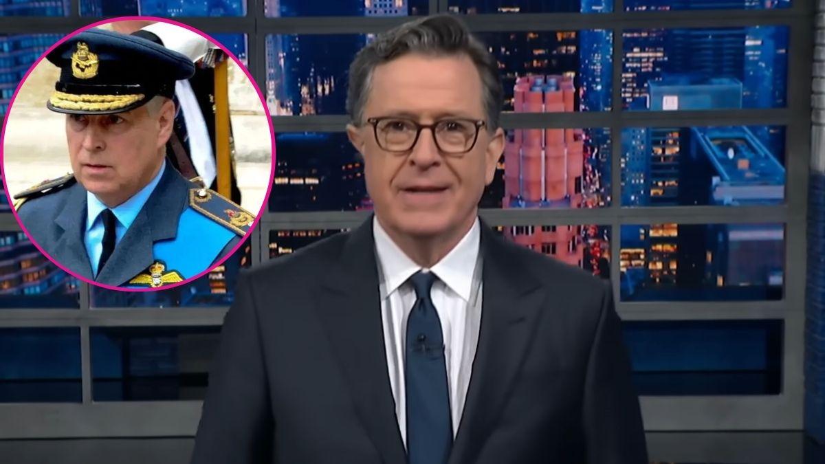 composite photo of stephen colbert and former prince andrew