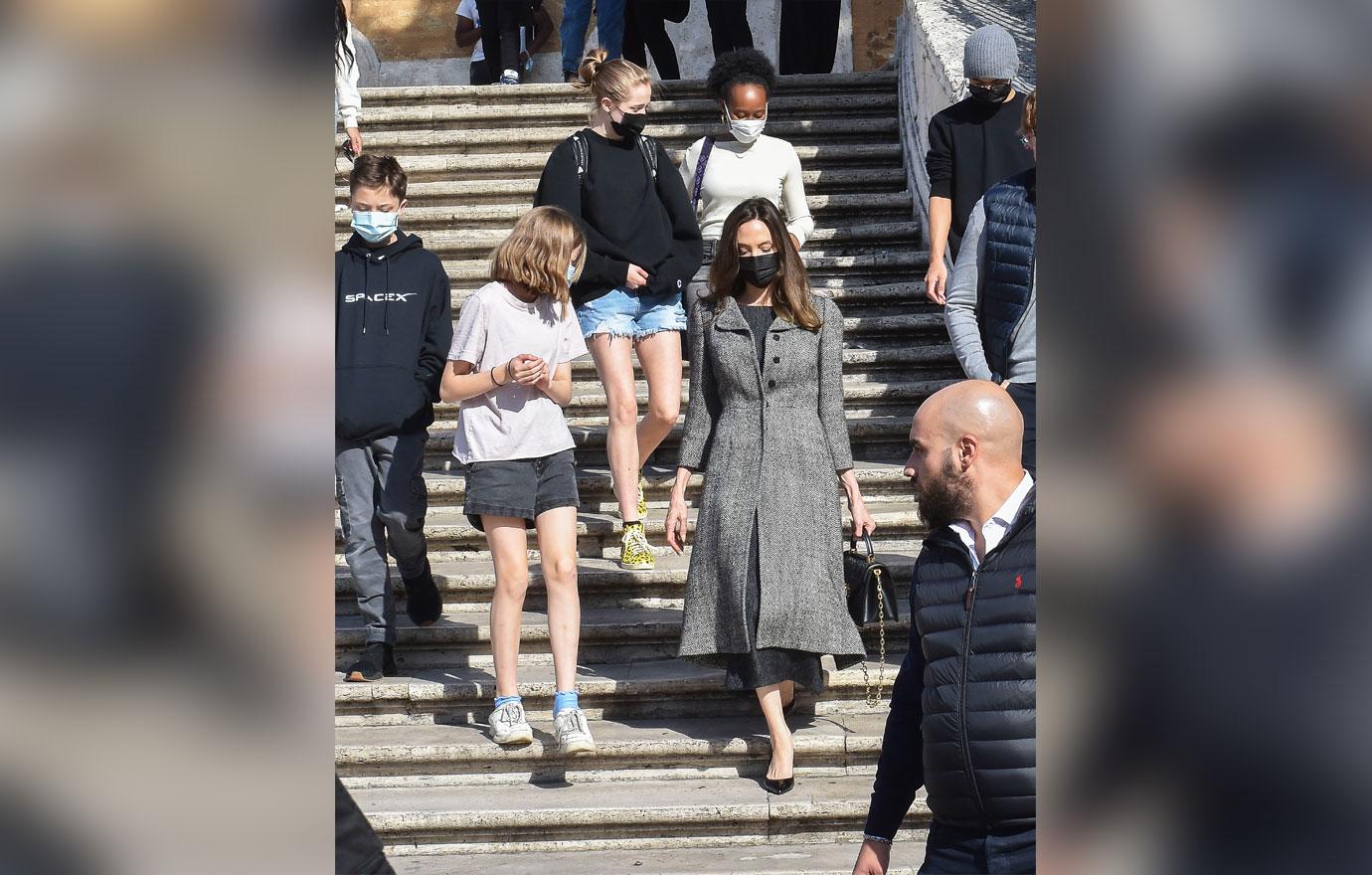 angelina jolie struts spanish steps explores rome with kids before eternals premiere in italy photos