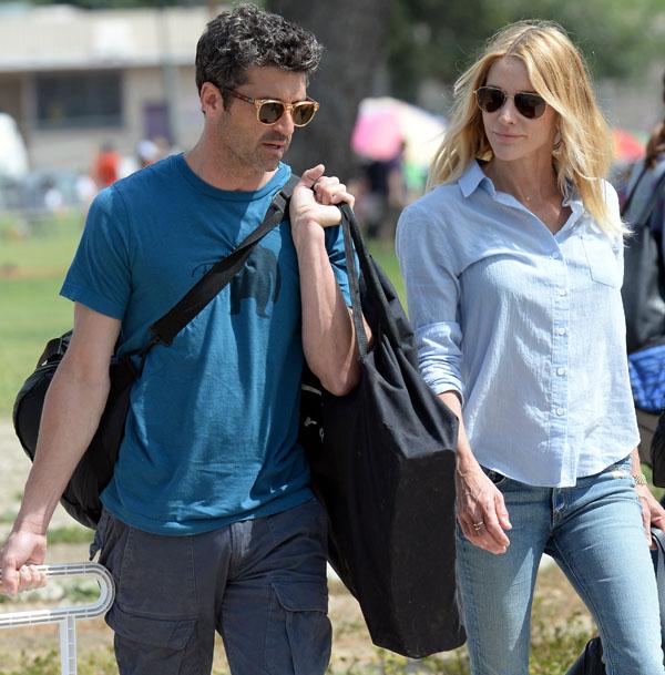 Patrick Dempsey and his wife Jillian seem to be on good terms despite her recently filing for divorce as they head to the car after their kids soccer game in Woodland Hills, Ca