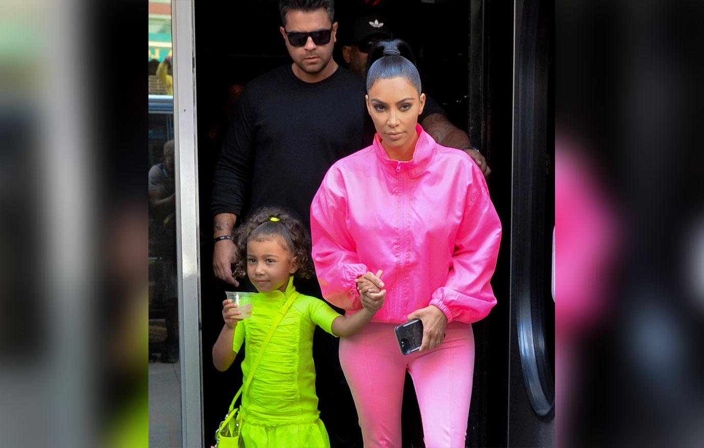 Kim Kardashian seen out in New York rocking pink sweatsuit with North leaving Kanye&#8217;s studio