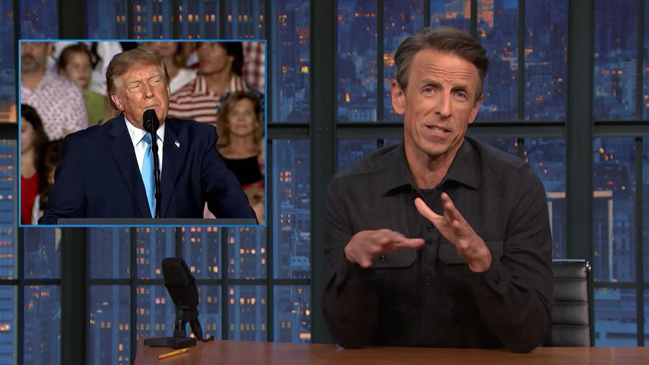 Image of Seth Meyers argued that Donald Trump’s remarks raised concerns about the president’s ability to communicate clearly while discussing national security.