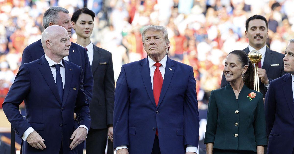 image of Donald Trump congratulated Spain's players after their 1-0 victory over Argentina during the trophy presentation.