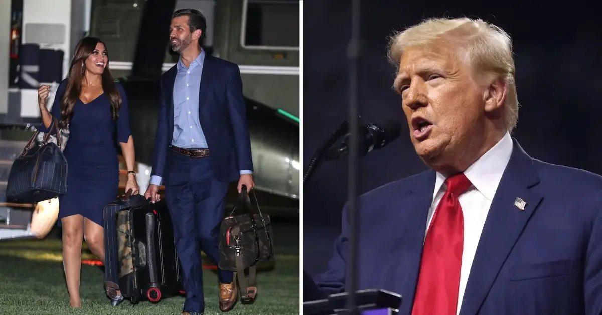 Photo of Donald Trump Jr. with Kimberly Guilfoyle and a picture of Donald Trump.