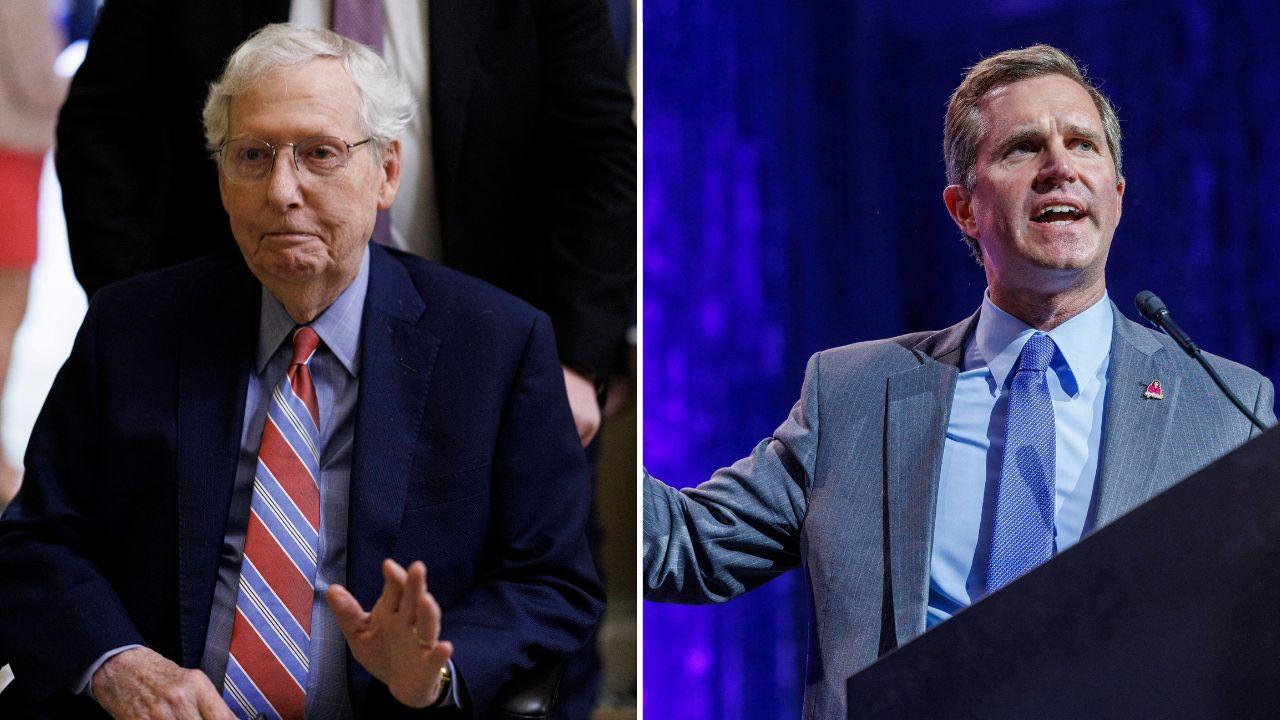 Split image of Mitch McConnell and Andy Beshear