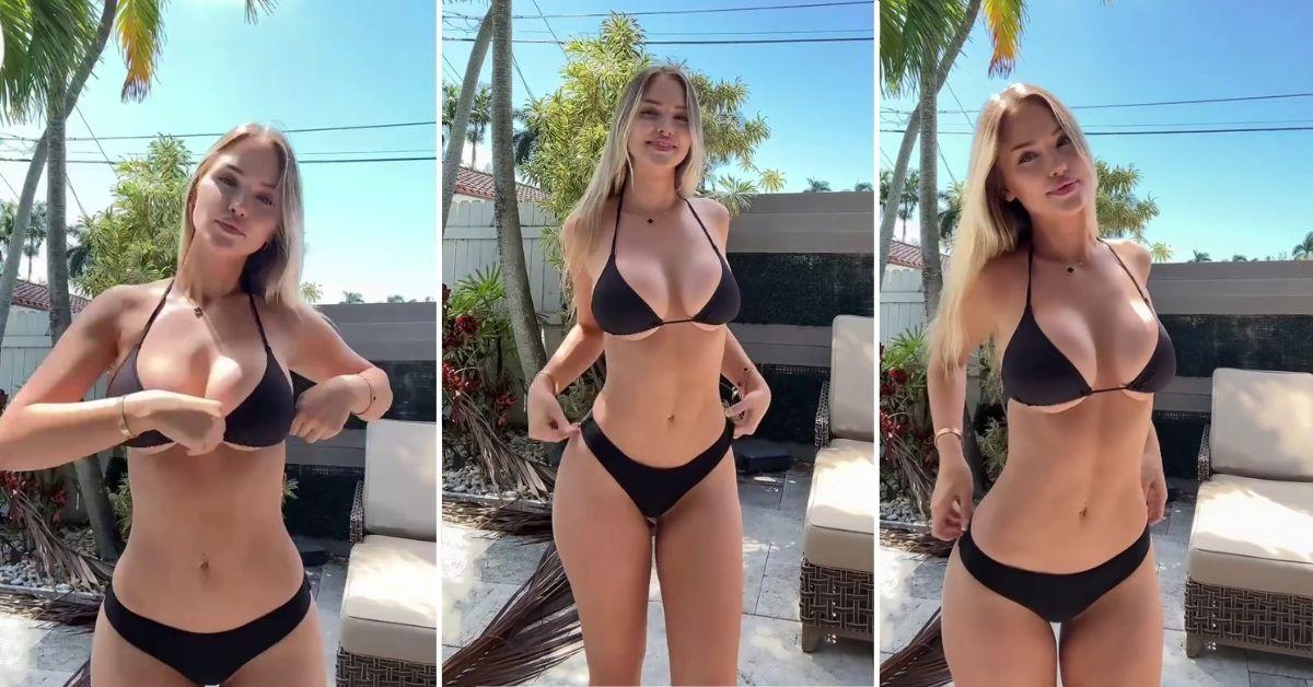 Tana Rain posing outdoors in a black bikini. She stands under palm trees, adjusting her top in one frame and smiling softly at the camera in another, with patio furniture and sunshine in the background.