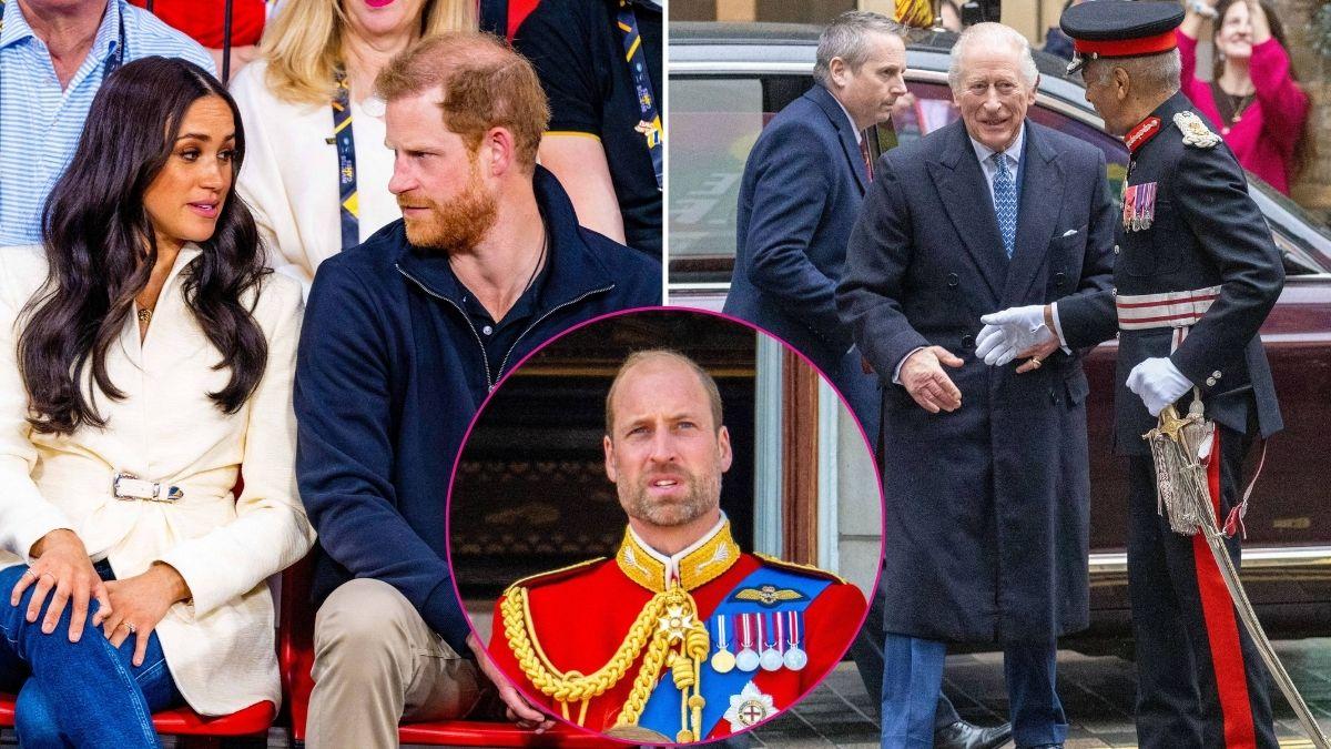 image split of image of prince harry and meghan Markle and King Charles, inset of Prince William