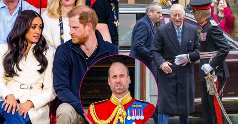 image split of image of prince harry and meghan Markle and King Charles, inset of Prince William
