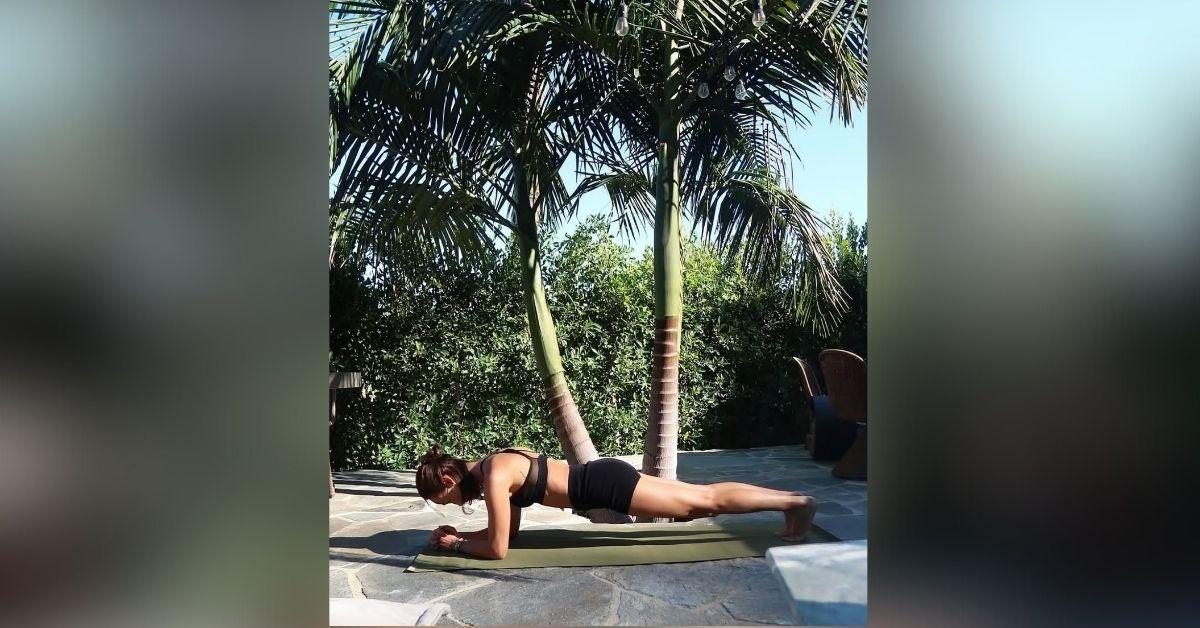 image of Maggie Q showed her abs during a backyard workout.