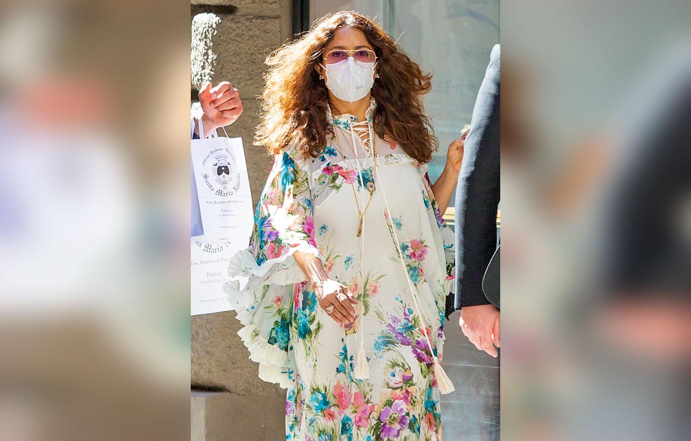 salma hayek wearing floral dress in rome