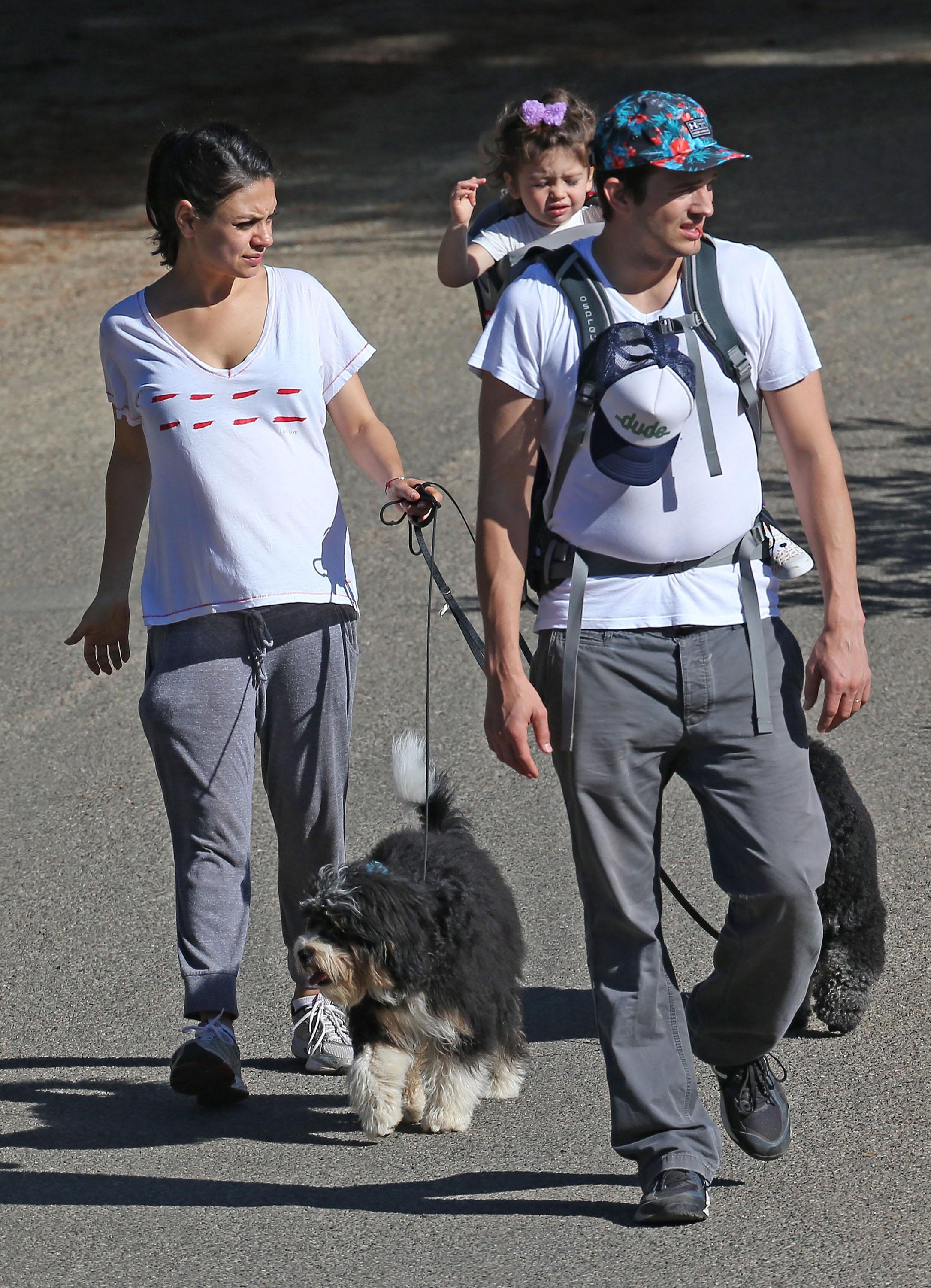 Exclusive&#8230; Pregnant Mila Kunis, Ashton Kutcher, &amp; Daughter Wyatt Out Walking Their Dogs ***NO USE W/O PRIOR AGREEMENT &#8211; CALL FOR PRICING***