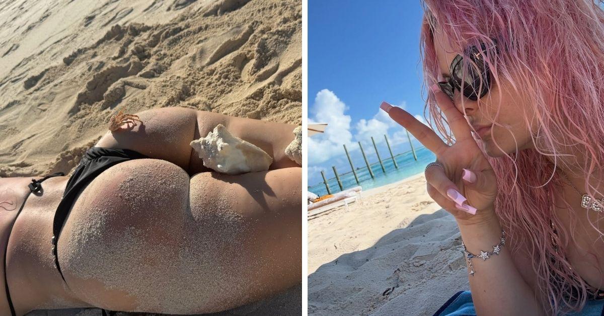 image of The singer shared playful photos with seashells on the sand.