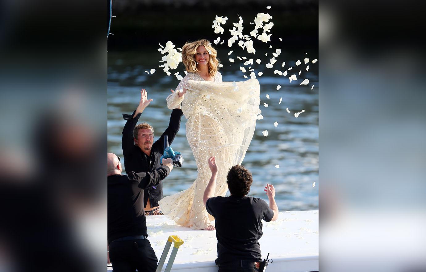 julia roberts white dress petals filming advertisement seine rivert