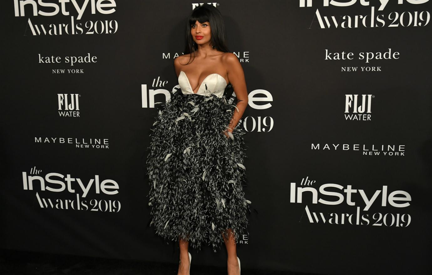 Jameela Jamil wears an outrageous dress on the red carpet.