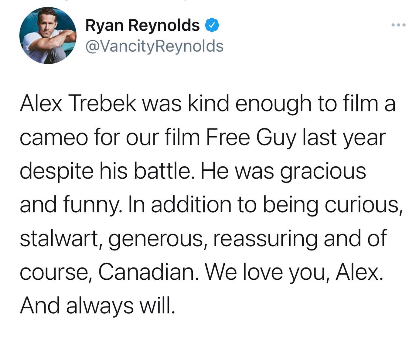 Alex trebek celeb reacts Ryan Reynolds IG