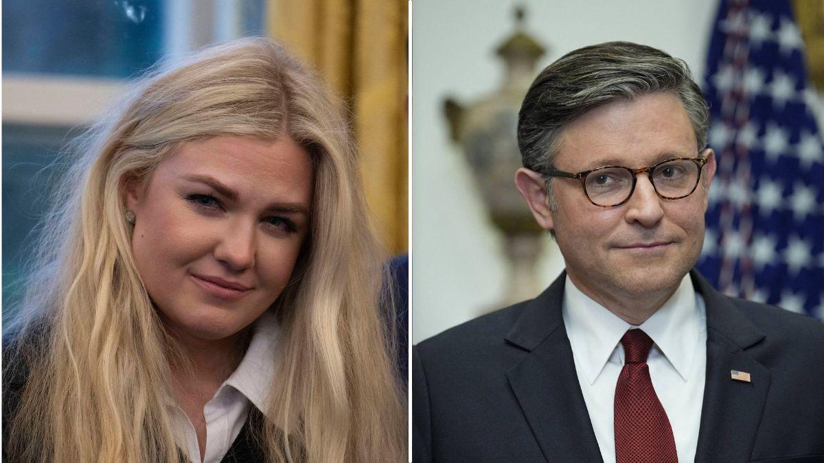 split photo of Erika Kirk & Mike Johnson