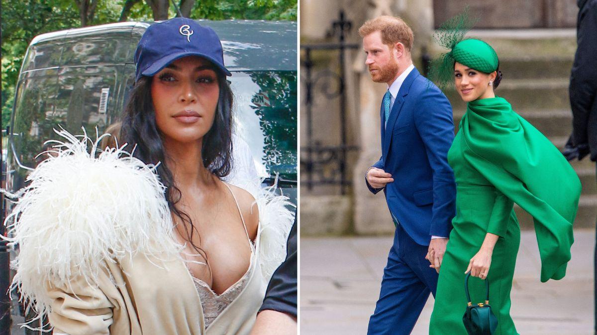 image split of Kim kardashian and meghan markle and prince harry