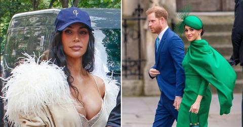 image split of Kim kardashian and meghan markle and prince harry