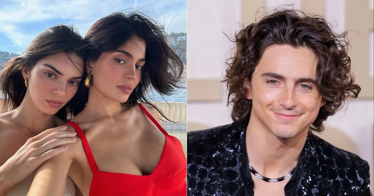 A photo of Kendall and Kylie Jenner and an image of Timothee Chalamet.