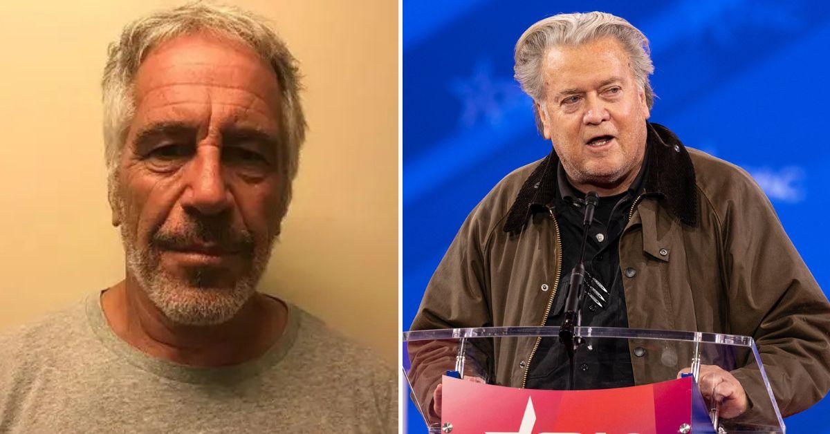 split photo of jeffrey epstein and steve bannon