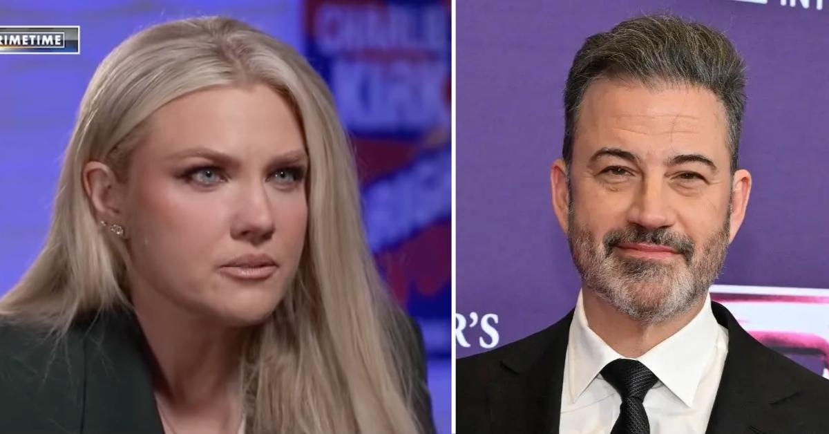 Split photo of Erika Kirk and Jimmy Kimmel