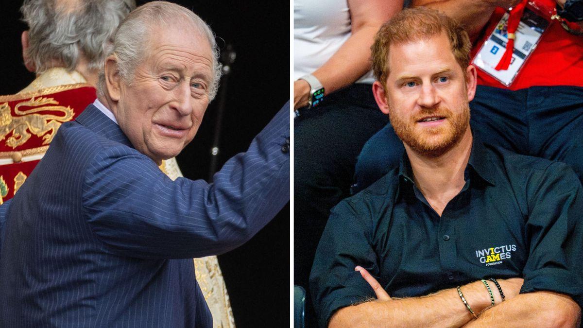 Split photo of King Charles and Prince Harry.
